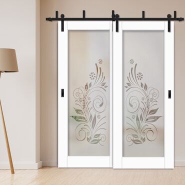 2 Leaf Sliding Barn Bypass Doors with Glass Insert BGD-1150