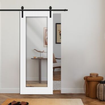 Wooden Mirror Sliding Barn Door with 3D geometric pattern RM - 0872