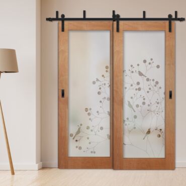 2 Leaf Sliding Barn Bypass Doors with Glass Insert BGD-1156