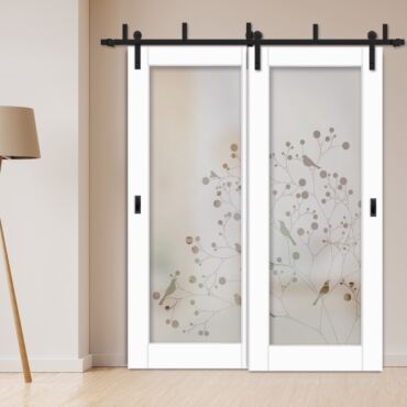 2 Leaf Sliding Barn Bypass Doors with Glass Insert BGD-1156