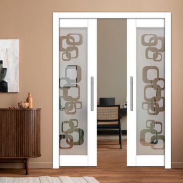 Double Pocket Sliding Wooden Door with Glass Insert & Frosted Design PWD-2283