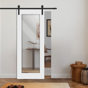 Wooden Mirror Sliding Barn Door with 3D geometric pattern RM - 0873