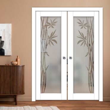 Double Pocket Sliding Wooden Door with Glass Insert & Frosted Design PWD-2285