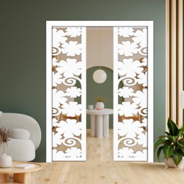 Double Pocket Sliding Wooden Door with Glass Insert & Frosted Design PWD-0753