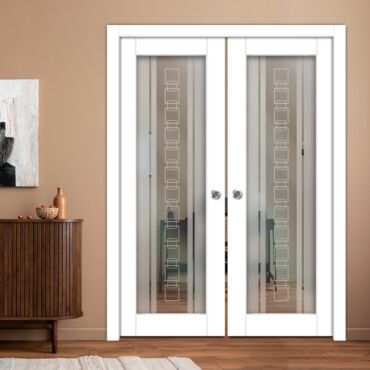 Double Pocket Sliding Wooden Door with Glass Insert & Frosted Design PWD-0969