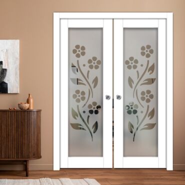 Double Pocket Sliding Wooden Door with Glass Insert & Frosted Design PWD-0973