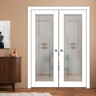 Double Pocket Sliding Wooden Door with Glass Insert & Frosted Design PWD-0991