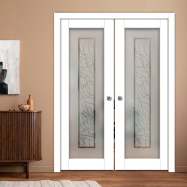 Double Pocket Sliding Wooden Door with Glass Insert & Frosted Design PWD-0959