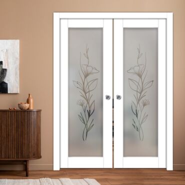 Double Pocket Sliding Wooden Door with Glass Insert & Frosted Design PWD-0988