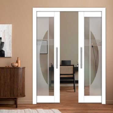 Double Pocket Sliding Wooden Door with Glass Insert & Frosted Design PWD-0976