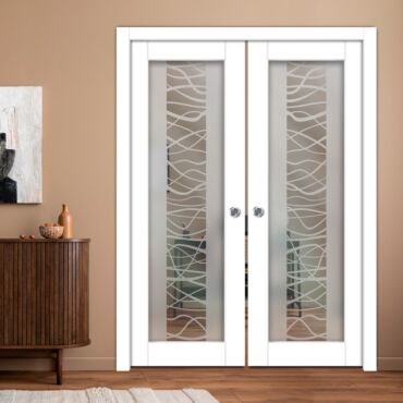 Double Pocket Sliding Wooden Door with Glass Insert & Frosted Design PWD-0965