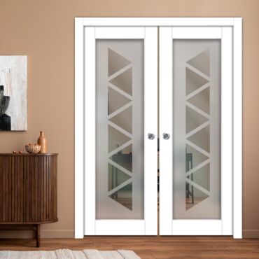 Double Pocket Sliding Wooden Door with Glass Insert & Frosted Design PWD-0966