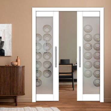 Double Pocket Sliding Wooden Door with Glass Insert & Frosted Design PWD-0977