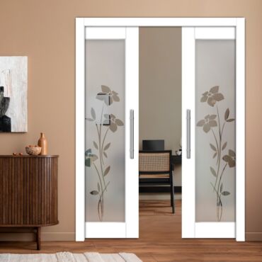 Double Pocket Sliding Wooden Door with Glass Insert & Frosted Design PWD-0971