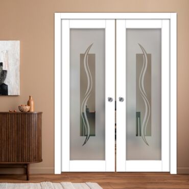 Double Pocket Sliding Wooden Door with Glass Insert & Frosted Design PWD-0992