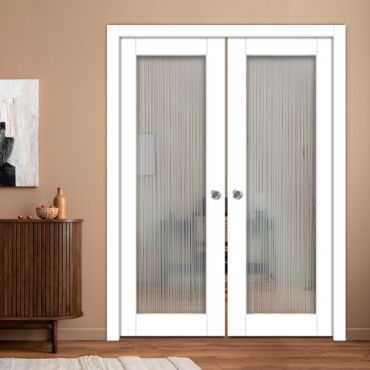 Double Pocket Sliding Wooden Door with Glass Insert & Frosted Design PWD-0970