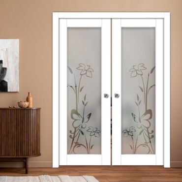 Double Pocket Sliding Wooden Door with Glass Insert & Frosted Design PWD-0983