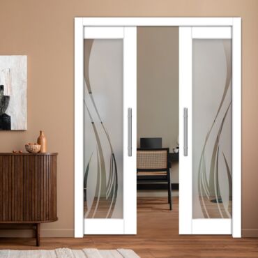 Double Pocket Sliding Wooden Door with Glass Insert & Frosted Design PWD-0954