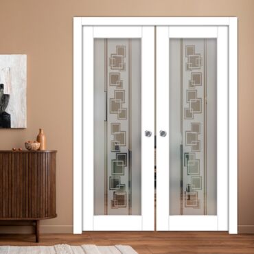 Double Pocket Sliding Wooden Door with Glass Insert & Frosted Design PWD-0987