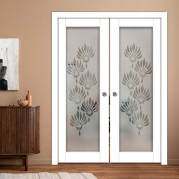 Double Pocket Sliding Wooden Door with Glass Insert & Frosted Design PWD-0963