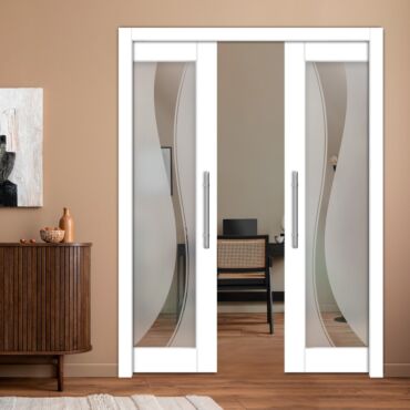 Double Pocket Sliding Wooden Door with Glass Insert & Frosted Design PWD-0953