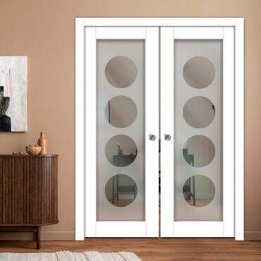 Double Pocket Sliding Wooden Door with Glass Insert & Frosted Design PWD-0962