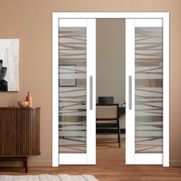 Double Pocket Sliding Wooden Door with Glass Insert & Frosted Design PWD-0960