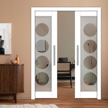 Double Pocket Sliding Wooden Door with Glass Insert & Frosted Design PWD-0962