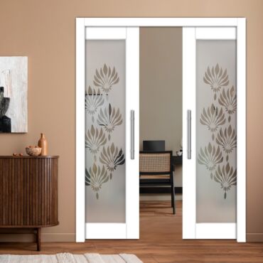 Double Pocket Sliding Wooden Door with Glass Insert & Frosted Design PWD-0963