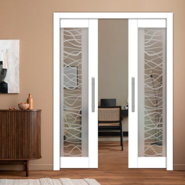 Double Pocket Sliding Wooden Door with Glass Insert & Frosted Design PWD-0965