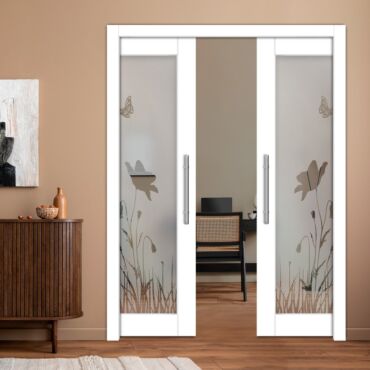 Double Pocket Sliding Wooden Door with Glass Insert & Frosted Design PWD-0967