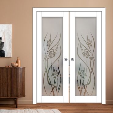 Double Pocket Sliding Wooden Door with Glass Insert & Frosted Design PWD-0978