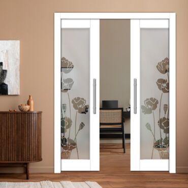 Double Pocket Sliding Wooden Door with Glass Insert & Frosted Design PWD-0982