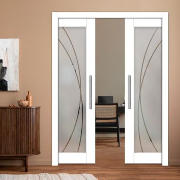 Double Pocket Sliding Wooden Door with Glass Insert & Frosted Design PWD-0984