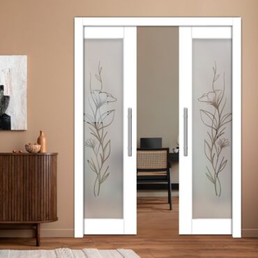 Double Pocket Sliding Wooden Door with Glass Insert & Frosted Design PWD-0988