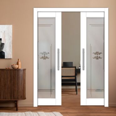 Double Pocket Sliding Wooden Door with Glass Insert & Frosted Design PWD-0991