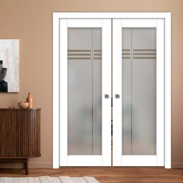 Double Pocket Sliding Wooden Door with Glass Insert & Frosted Design PWD-0981