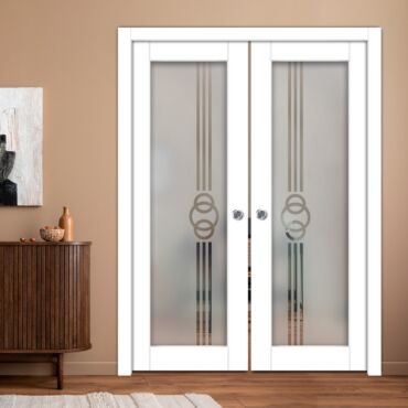 Double Pocket Sliding Wooden Door with Glass Insert & Frosted Design PWD-0972