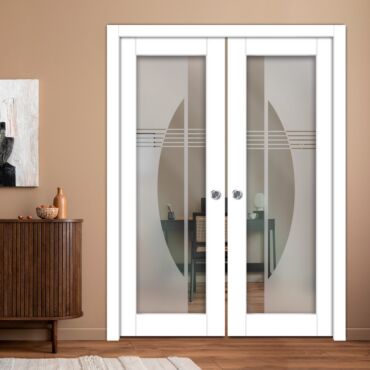 Double Pocket Sliding Wooden Door with Glass Insert & Frosted Design PWD-0976