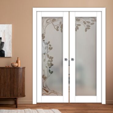 Double Pocket Sliding Wooden Door with Glass Insert & Frosted Design PWD-0979