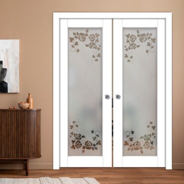 Double Pocket Sliding Wooden Door with Glass Insert & Frosted Design PWD-0980