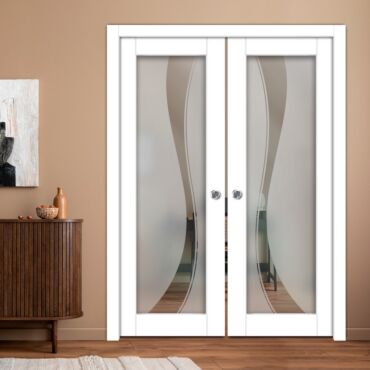 Double Pocket Sliding Wooden Door with Glass Insert & Frosted Design PWD-0953