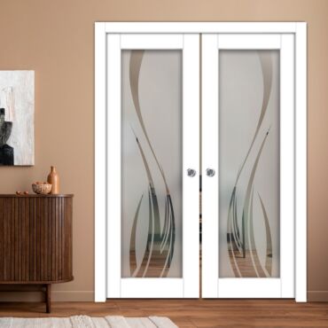 Double Pocket Sliding Wooden Door with Glass Insert & Frosted Design PWD-0954