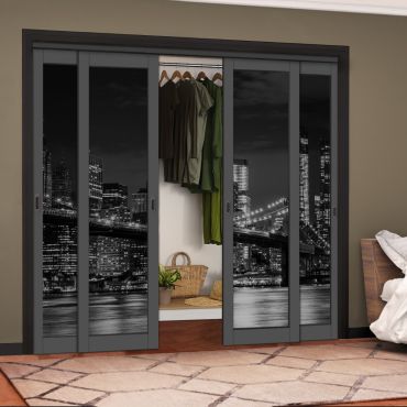 4 Leaf Handcrafted Bypass Sliding Painted Grey Closet Door Digital Printing HSSB- 2052