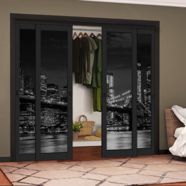 4 Leaf Handcrafted Bypass Sliding Painted Black Closet Door Digital Printing HSSB- 2052