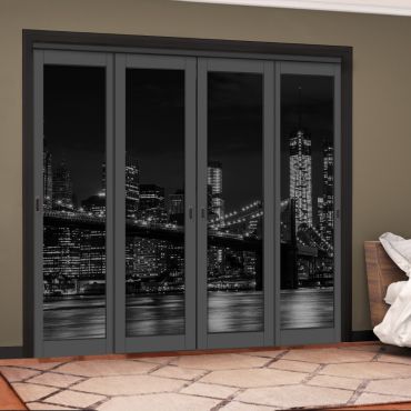 4 Leaf Handcrafted Bypass Sliding Painted Grey Closet Door Digital Printing HSSB- 2052