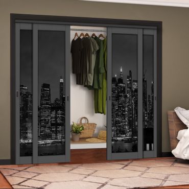 4 Leaf Handcrafted Bypass Sliding Painted Grey Closet Door Digital Printing HSSB- 2107