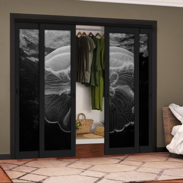 4 Leaf Handcrafted Bypass Sliding Painted Black Closet Door Digital Printing HSSB- 2085
