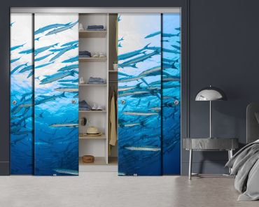 4 Panel Frameless Closet Glass Sliding Bypass Door With Digital Printing FSG4 - 2185