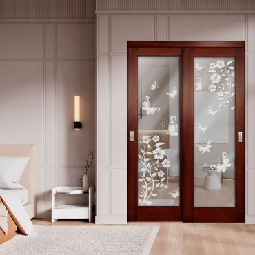 2 Leaf Sliding Closet Barn Door with Mirror & Frosted Design MBSD-1597